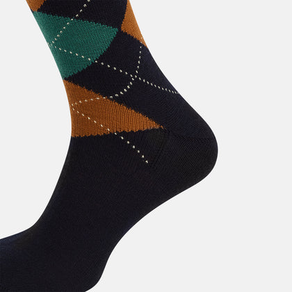 Navy/Green/Orange Wool Check Mid-Length Socks Image 3