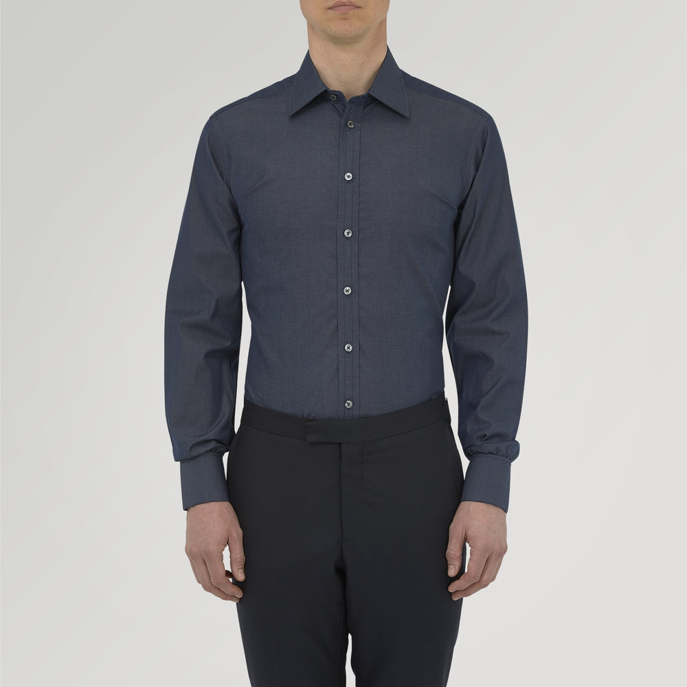 Dark Blue Denim-Cashmere Shirt with T&amp;A Collar and Double Cuffs