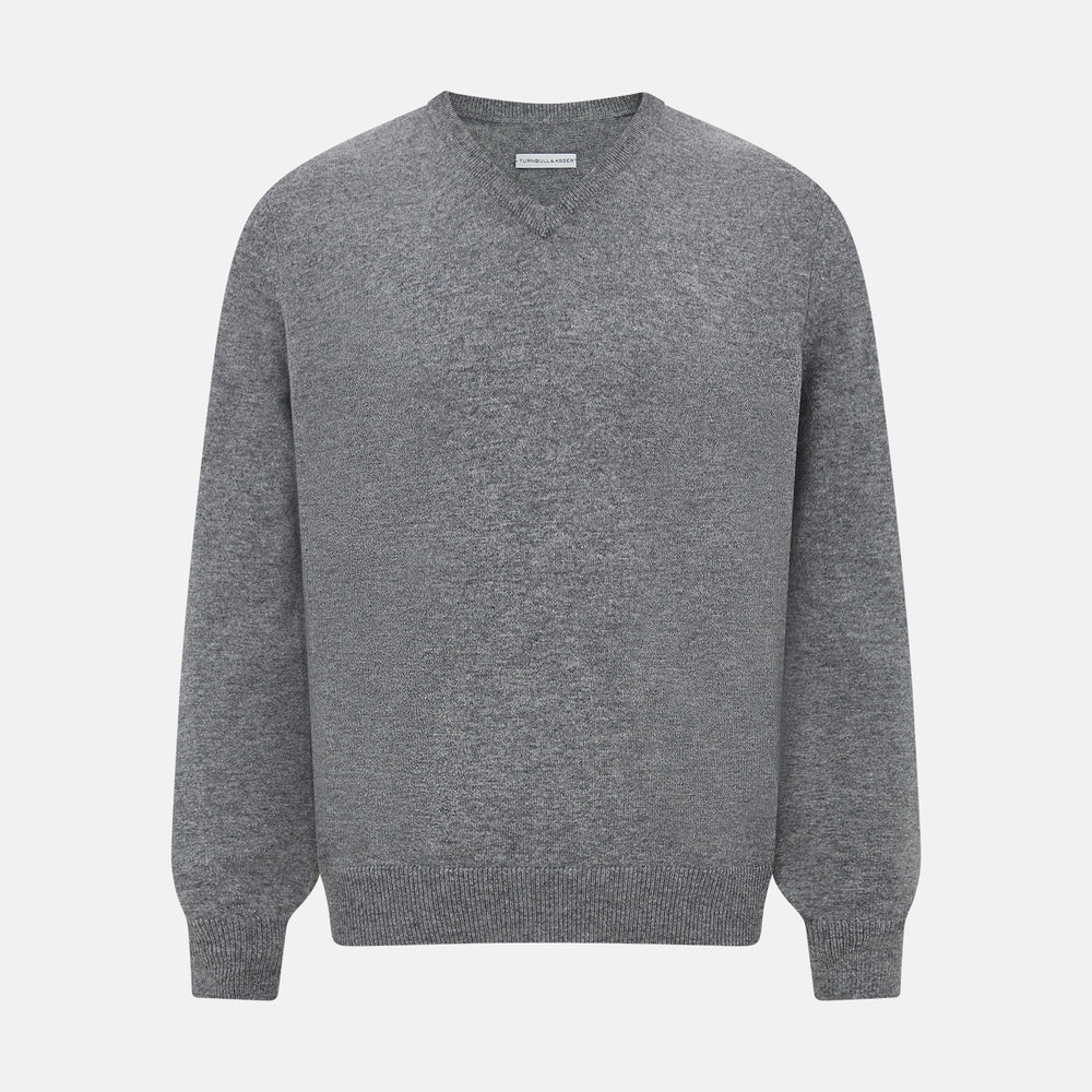 Grey Melange Cashmere V-neck Jumper