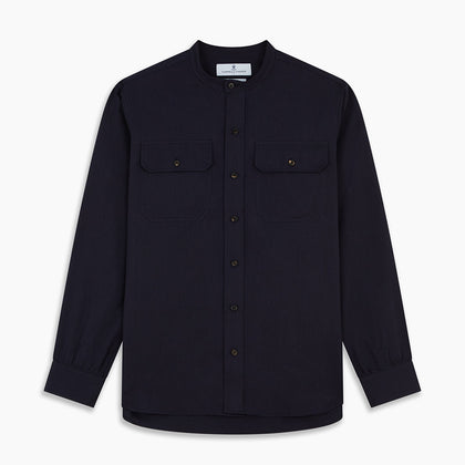 Navy Military Weekend Fit Cotton & Wool Shirt with Stand Collar and 1 Button Cuffs Image 5