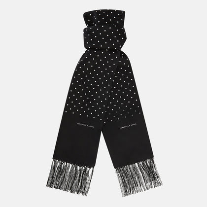 Black and White Spotted Silk Scarf with Fringes