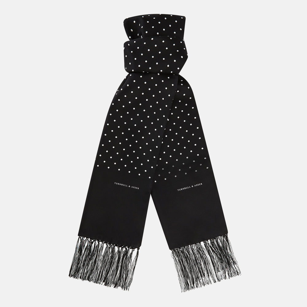 Black and White Spotted Silk Scarf with Fringes