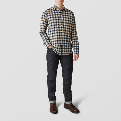Blue Multi Check Weekend Fit Shirt with Derby Collar and 1-Button Cuffs Image 1
