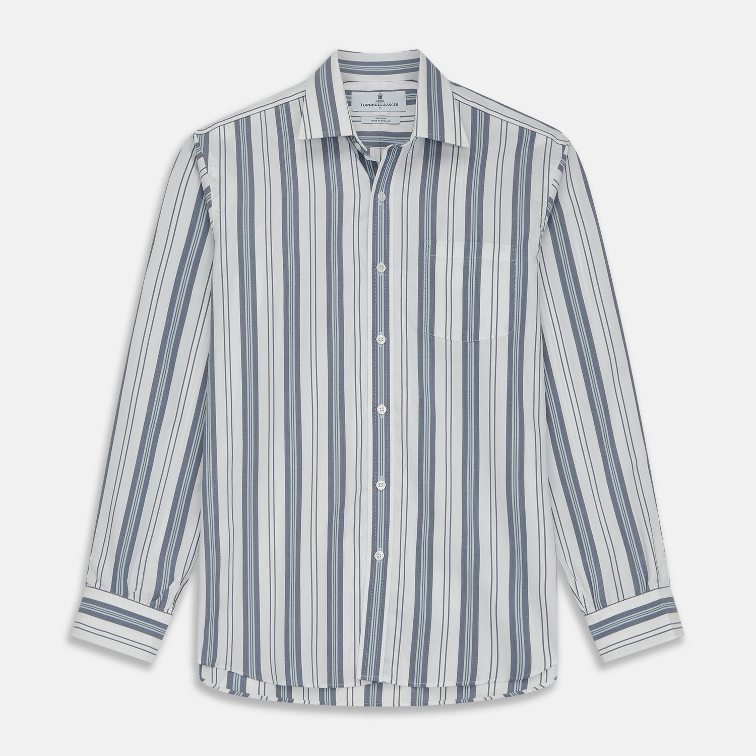 View 1 of product Blue, Green & White Stripe Weekend Fit Shirt with Derby Collar & 1-Button Cuffs