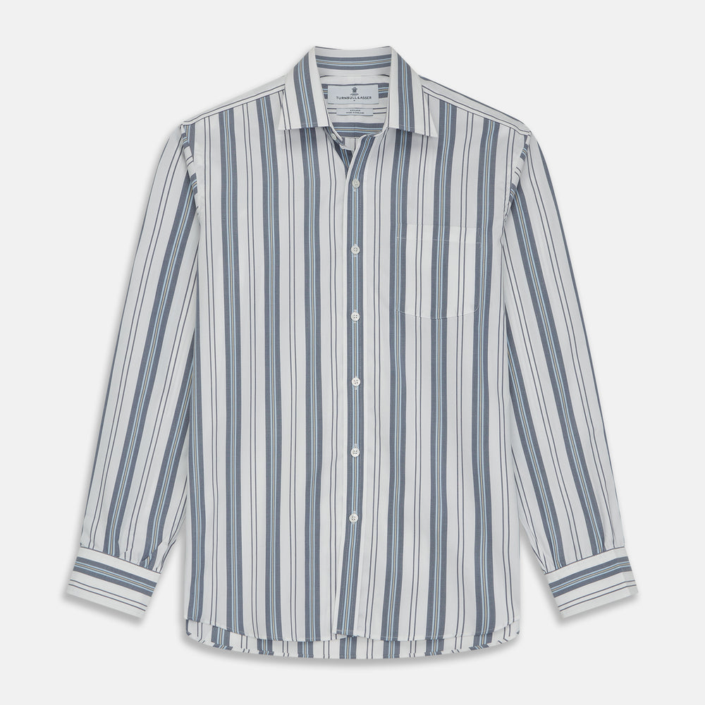 Blue, Green & White Stripe Weekend Fit Shirt with Derby Collar & 1-Button Cuffs