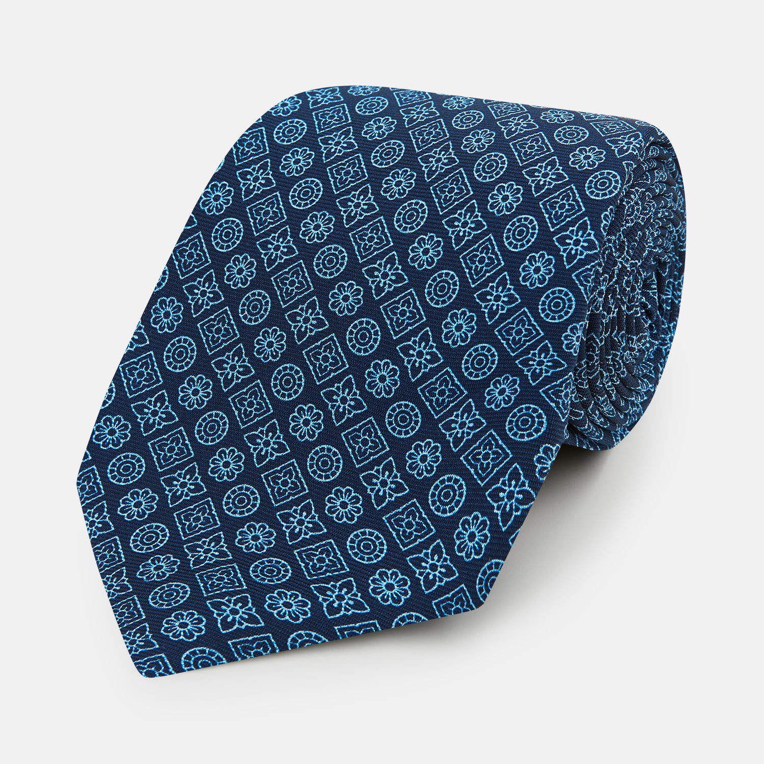 View 1 of product Dark Navy Floral Tile Pattern Printed Silk Tie