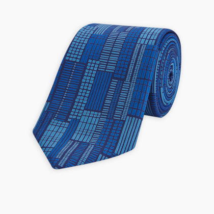 Blue Motif Printed Foulard Silk Tie Image 4
