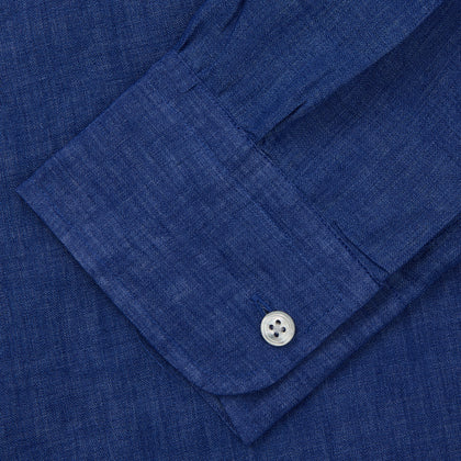Plain Indigo Linen Weekend Fit Shirt with Stand Collar Image 5