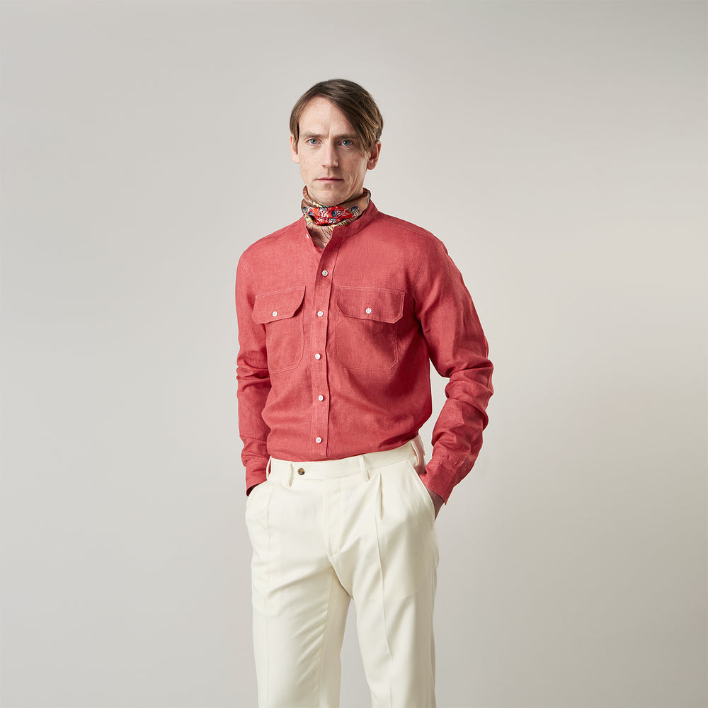 Plain Red Linen Weekend Fit Shirt with Stand Collar