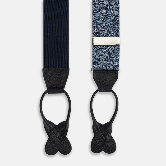 Dark Navy Paisley Adjustable Silk and Navy Leather Braces Image 1