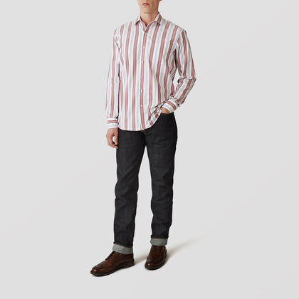 Red, Blue & White Stripe Weekend Fit Shirt with Derby Collar & 1-Button Cuffs Image 1