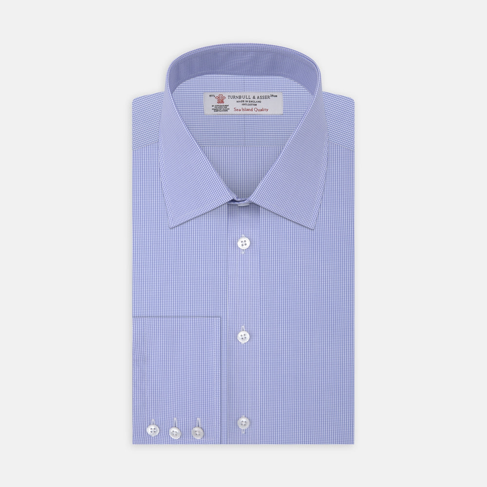 Blue Fine Check Sea Island Quality Cotton Shirt with T&amp;A Collar and 3-Button Cuffs