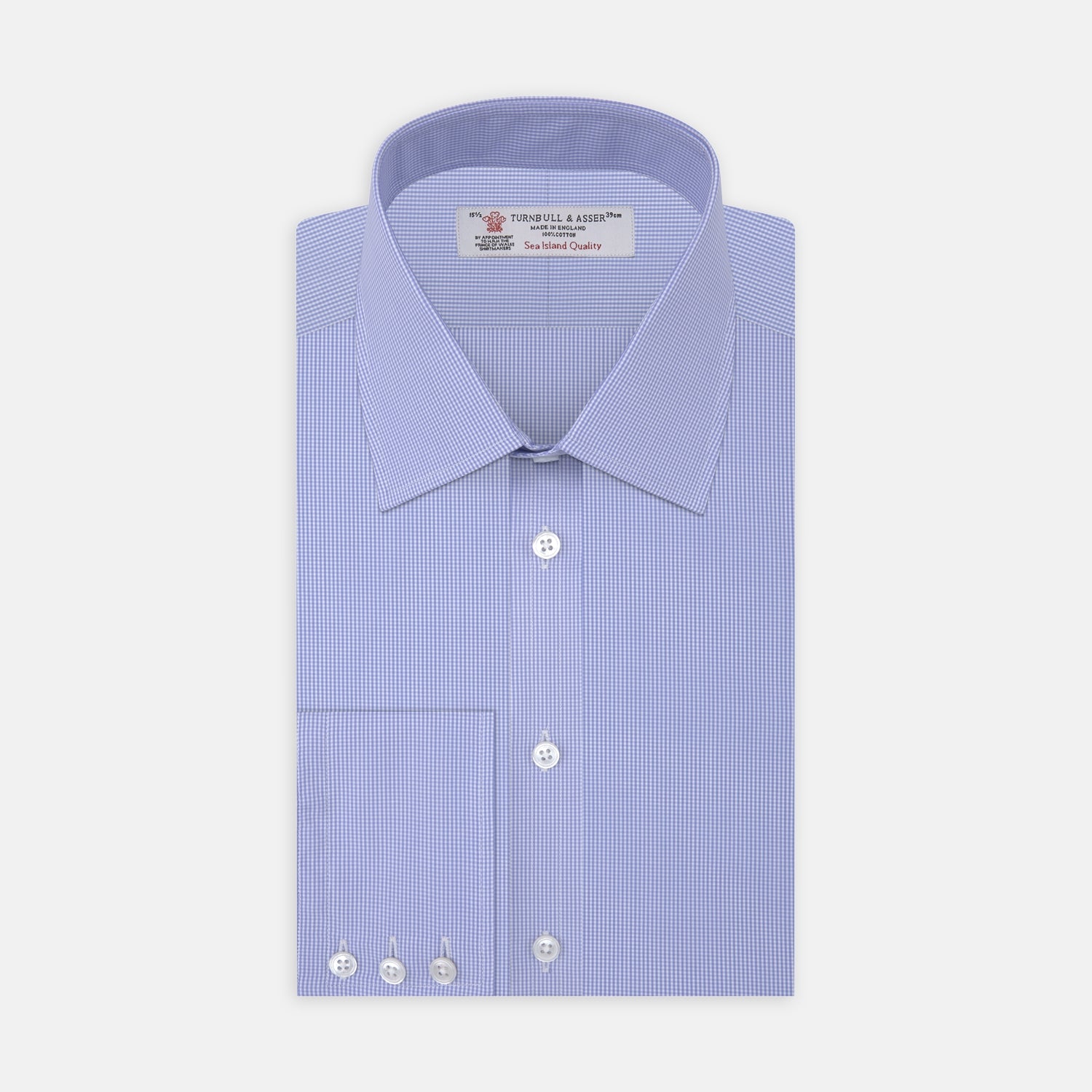 View 1 of product Blue Fine Check Sea Island Quality Cotton Shirt with T&amp;A Collar and 3-Button Cuffs
