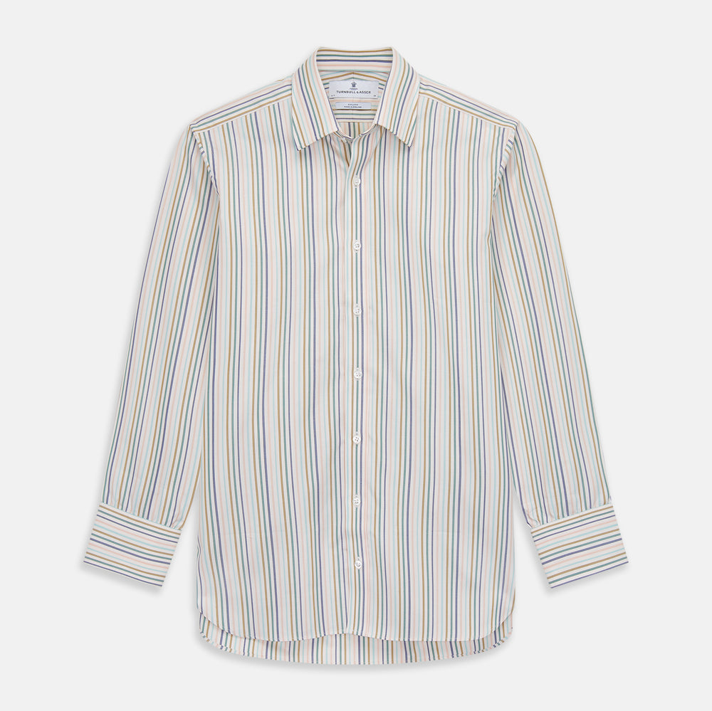 Green Multi Stripe Regular Fit Shirt with T&A Collar and 3 Button Cuffs