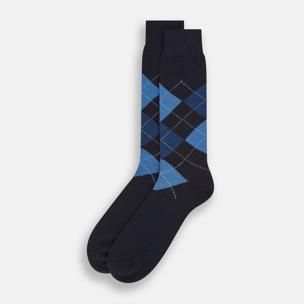 Navy/Blue Wool Check Mid-Length Socks