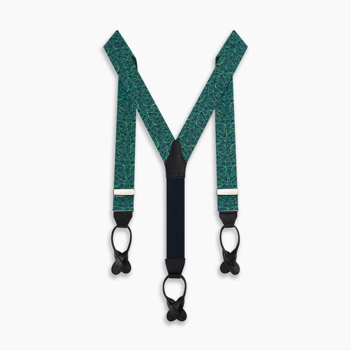 Kelly Green Paisley Adjustable Silk and Navy Leather Braces Image 2