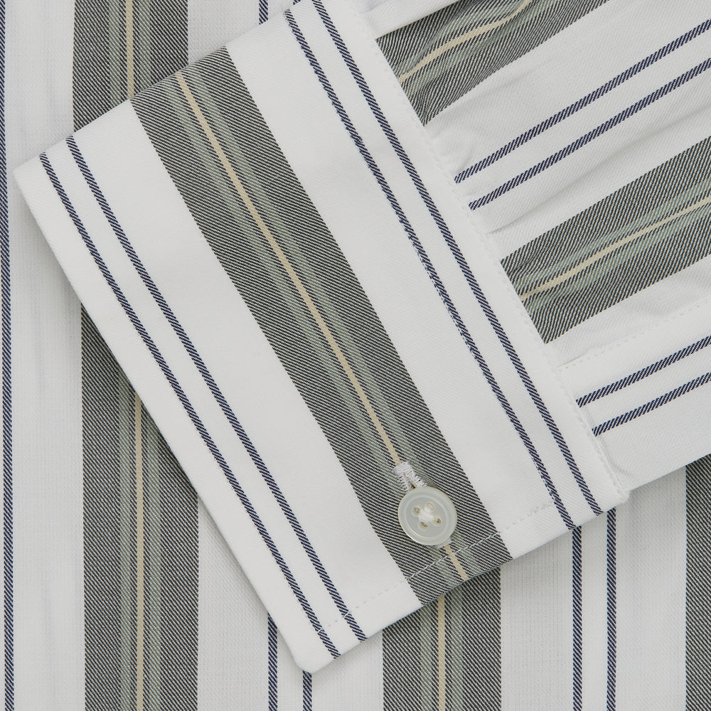 Green, Blue & White Stripe Weekend Fit Shirt with Derby Collar & 1-Button Cuffs
