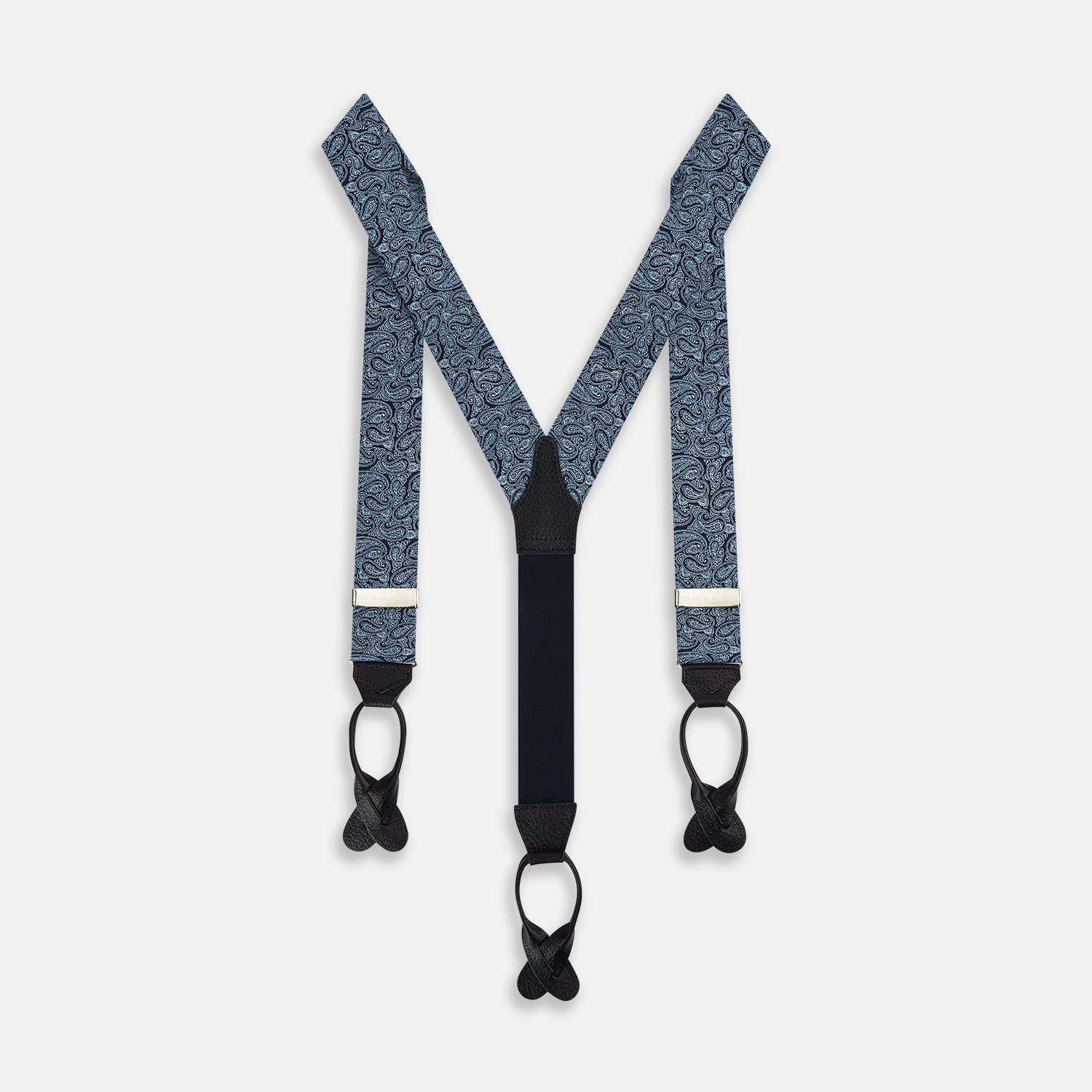 View 1 of product Dark Navy Paisley Adjustable Silk and Navy Leather Braces
