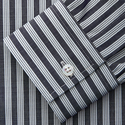 Navy Multi Stripe Weekend Fit Wool Shirt with Derby Collar and 1 Button Cuffs Image 2