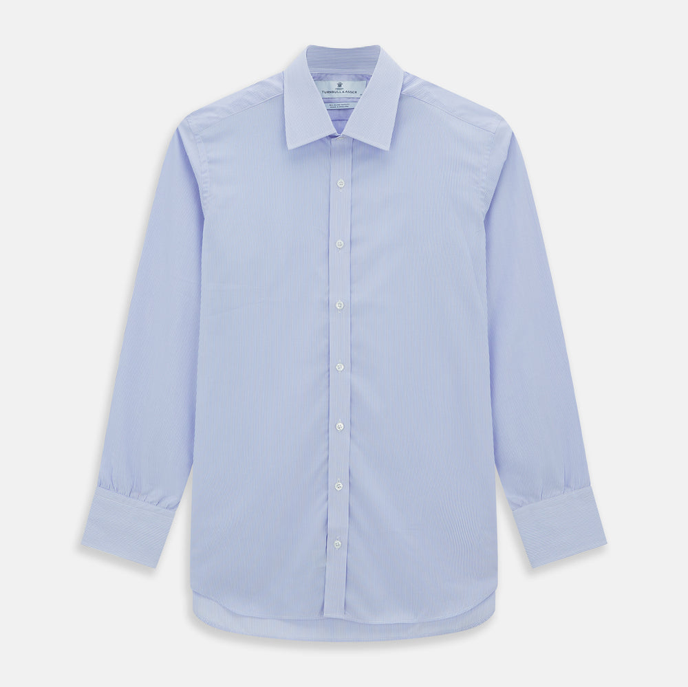 Turnbull & Asser Blue and White Fine Bengal Stripe Sea Island Quality Cotton Shirt with T&A Collar and 3-Button Cuffs