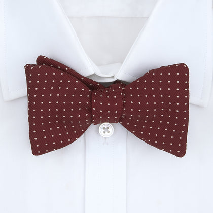 Burgundy and White Small Spot Printed Silk Bow Tie Image 1
