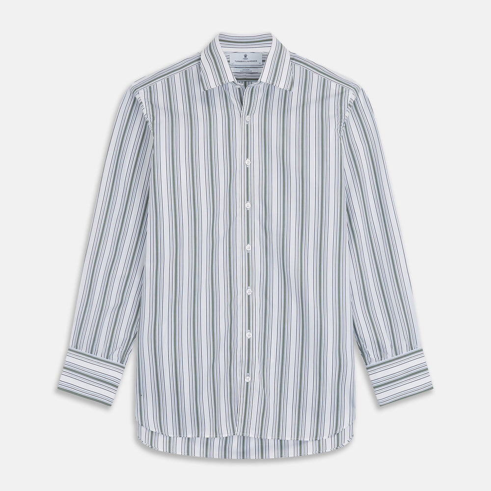 Green Multi Stripe Regular Fit Shirt with T&A Collar & 3 Button Cuffs