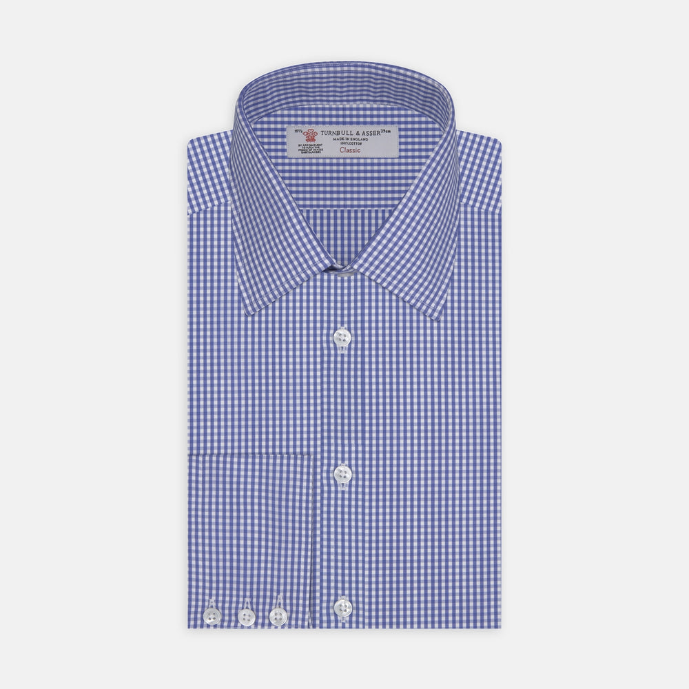 Mid-Blue Gingham Check Shirt with T&amp;A Collar and 3-Button Cuffs