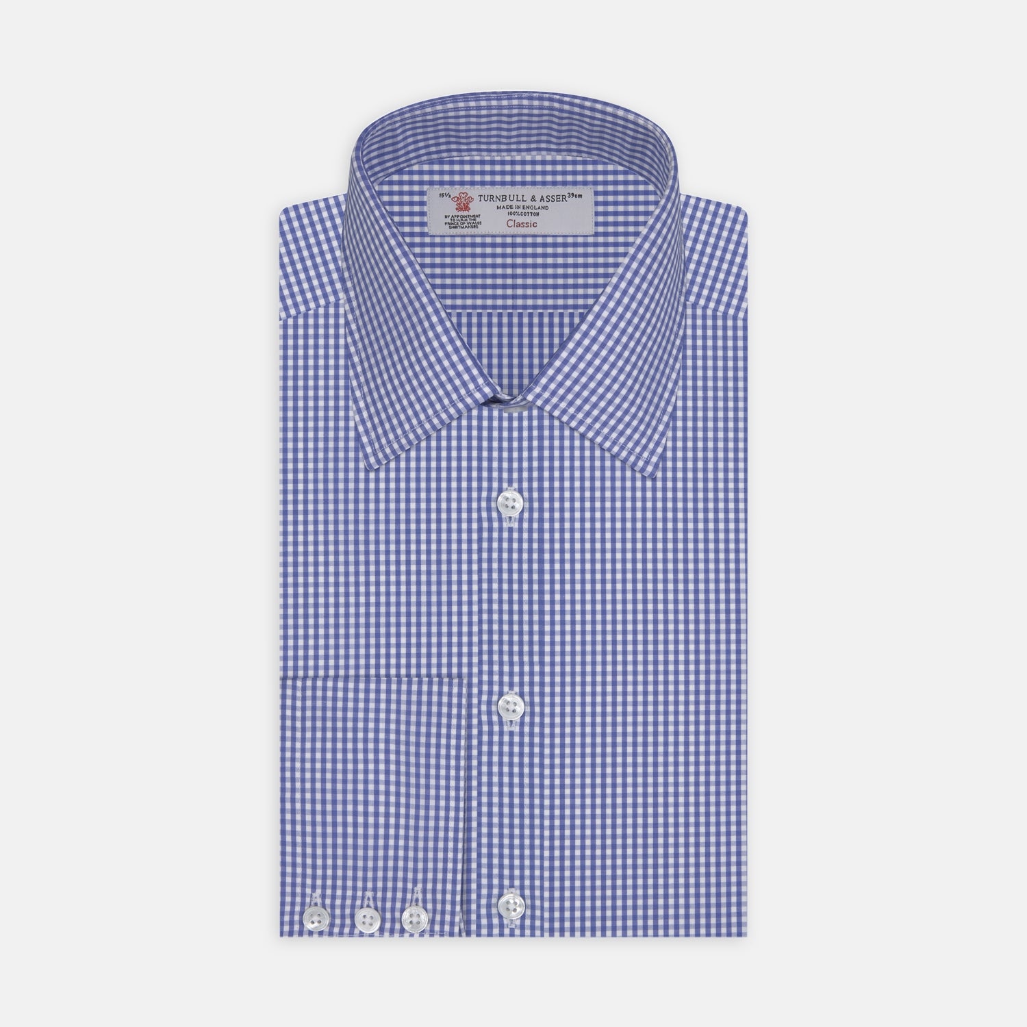 View 1 of product Mid-Blue Gingham Check Shirt with T&amp;A Collar and 3-Button Cuffs