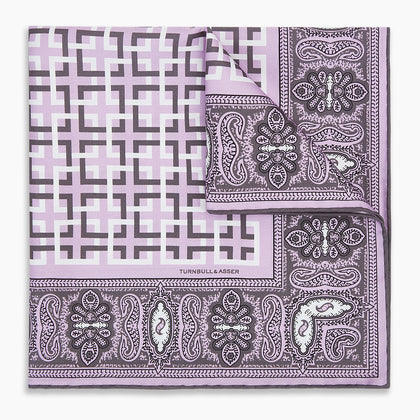 Lilac Square-Patterned and Paisley Patterned Silk Pocket Square