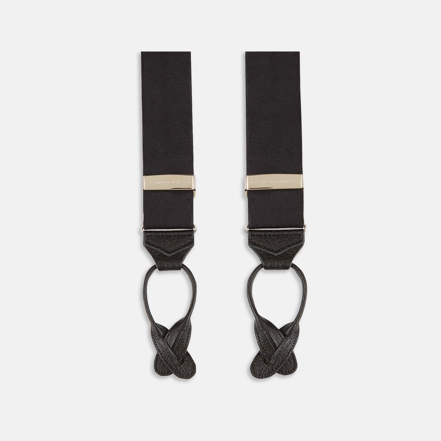 Image 1 of product The Turnbull & Asser Black Herringbone Adjustable Silk Braces feature leather button loops and silver metal clips, shown on a white background—an elegant accessory to elevate any outfit.