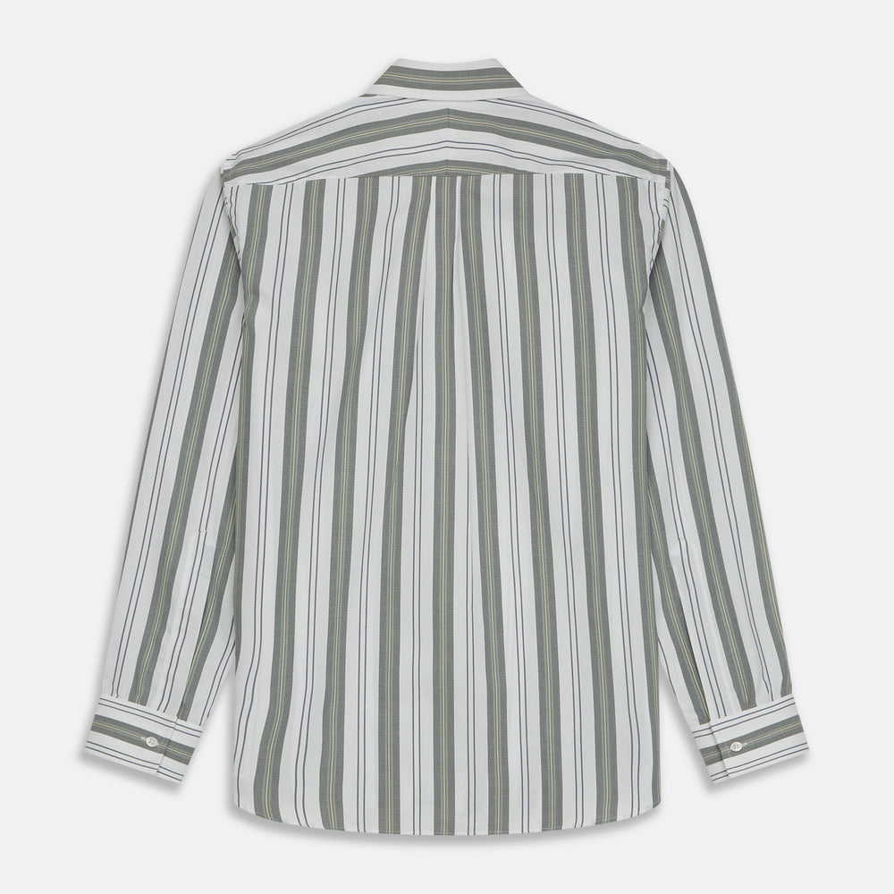Green, Blue & White Stripe Weekend Fit Shirt with Derby Collar & 1-Button Cuffs