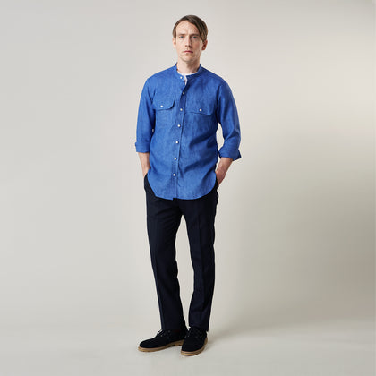 Plain Indigo Linen Weekend Fit Shirt with Stand Collar Image 8