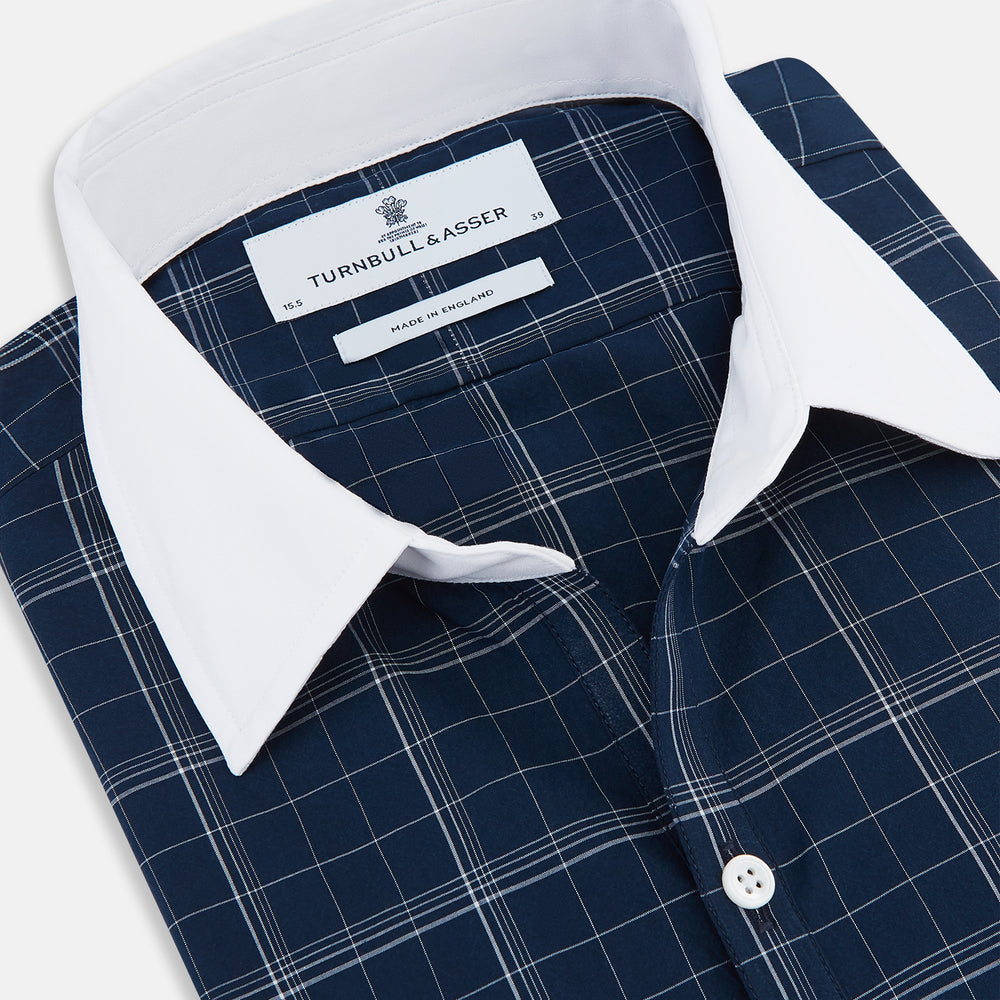 Indigo Windowpane Check Windsor Shirt with Constrast T&A Collar and Cuffs