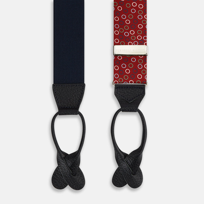 Pink and Navy Circle Red Adjustable Silk and Navy Leather Braces Image 1