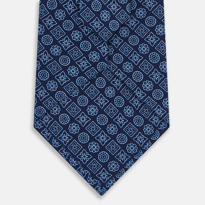 Dark Navy Floral Tile Pattern Printed Silk Tie Image 2