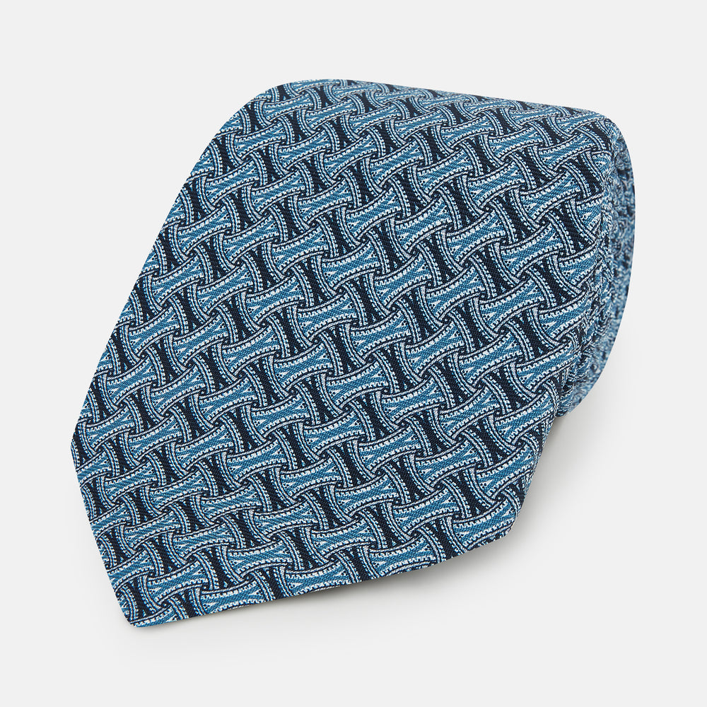 Pale Blue and Navy Weave-Patterned Printed Silk Tie