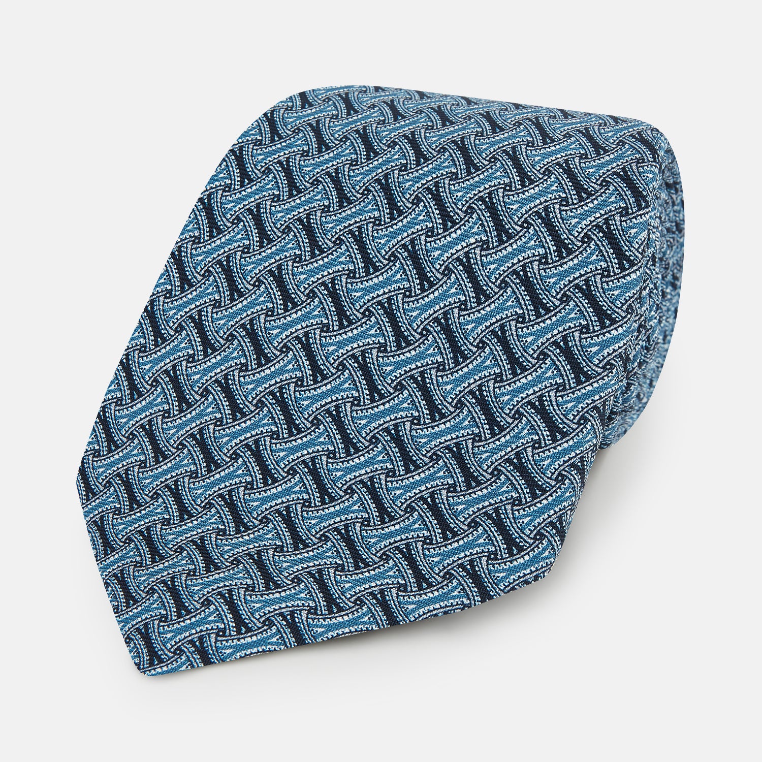 View 1 of product Pale Blue and Navy Weave-Patterned Printed Silk Tie