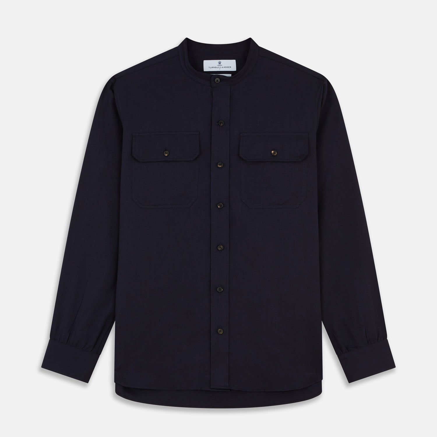 View 1 of product Navy Military Weekend Fit Cotton & Wool Shirt with Stand Collar and 1 Button Cuffs