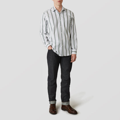 Green, Blue & White Stripe Weekend Fit Shirt with Derby Collar & 1-Button Cuffs Image 1