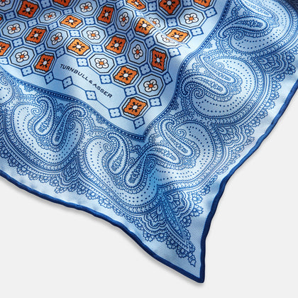 Blue Floral Tile and Paisley Silk Pocket Square