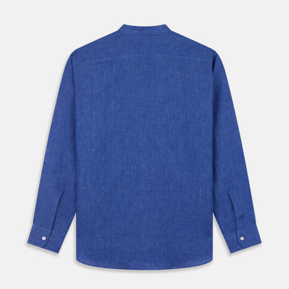 Plain Indigo Linen Weekend Fit Shirt with Stand Collar Image 7