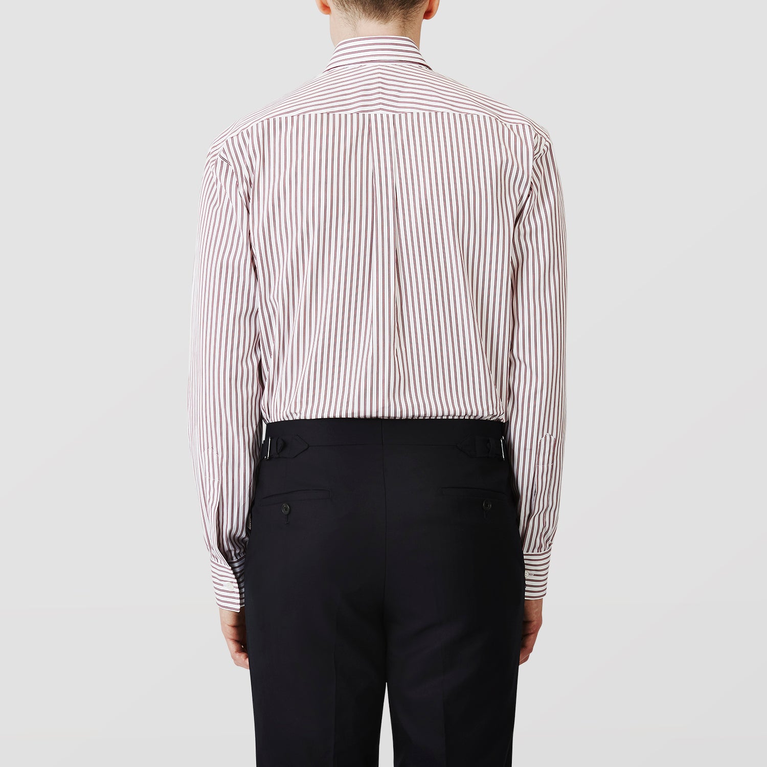 View 3 of product Burgundy Stripe Weekend Fit Shirt with Derby Collar and 1-Button Cuffs