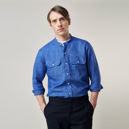 Plain Indigo Linen Weekend Fit Shirt with Stand Collar Image 3