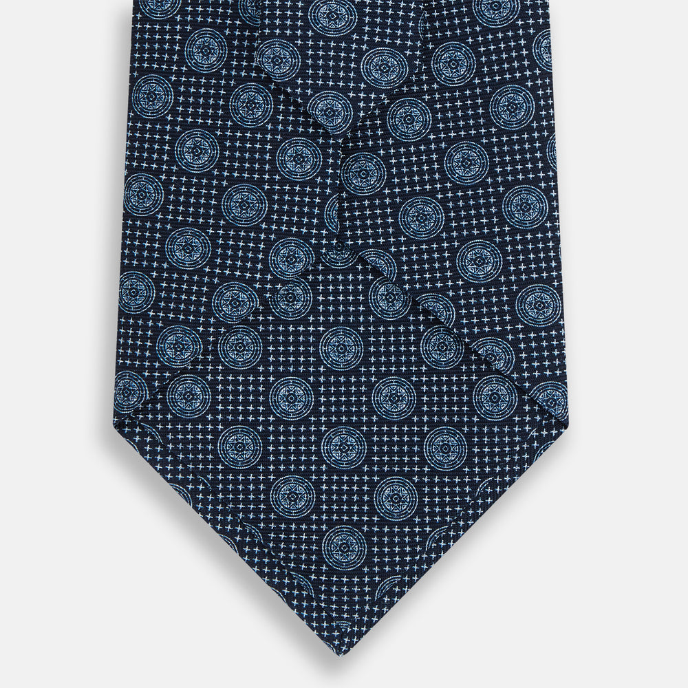Navy Medallion Printed Silk Tie
