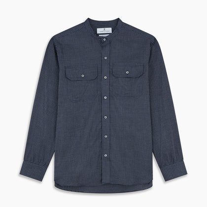Navy Check Weekend Fit Flannel Shirt with Stand Collar and 1 Button Cuffs Image 5
