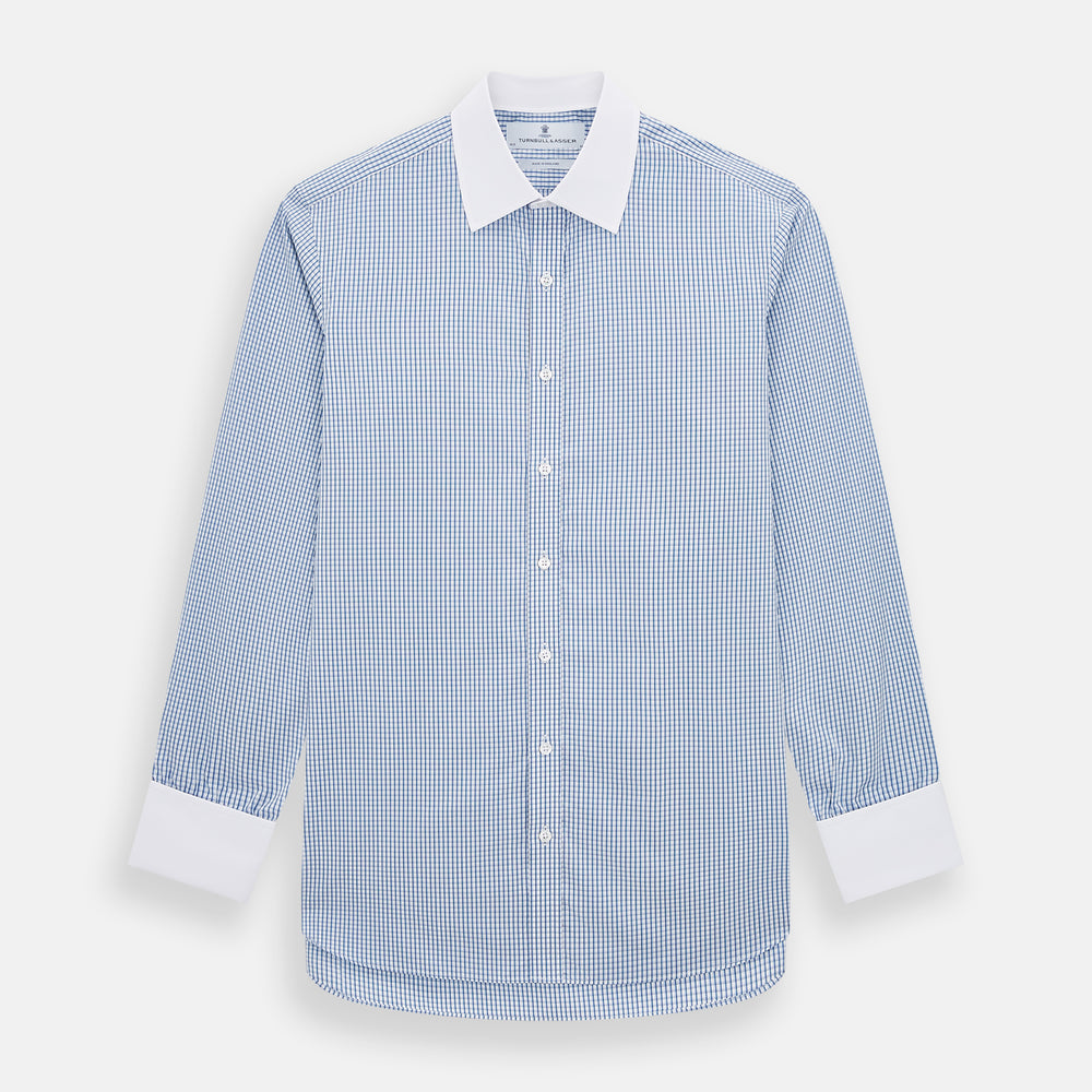 Sky Blue Micro Shadow Check Shirt with Contrast Collar and Double Cuffs