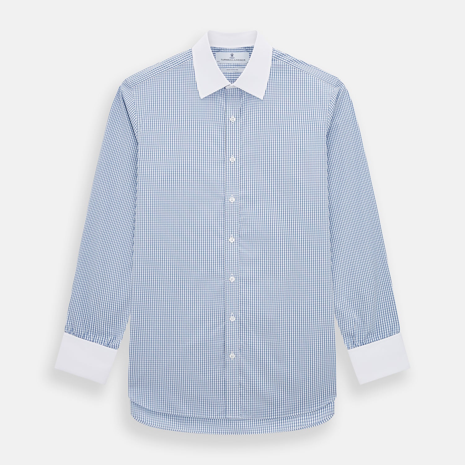 View 1 of product Sky Blue Micro Shadow Check Shirt with Contrast Collar and Double Cuffs