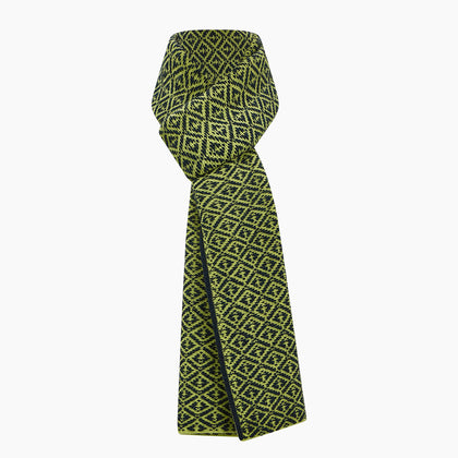 Petrol Green and Chartreuse Diamond-Patterned Cashmere Knitted Scarf Image 3
