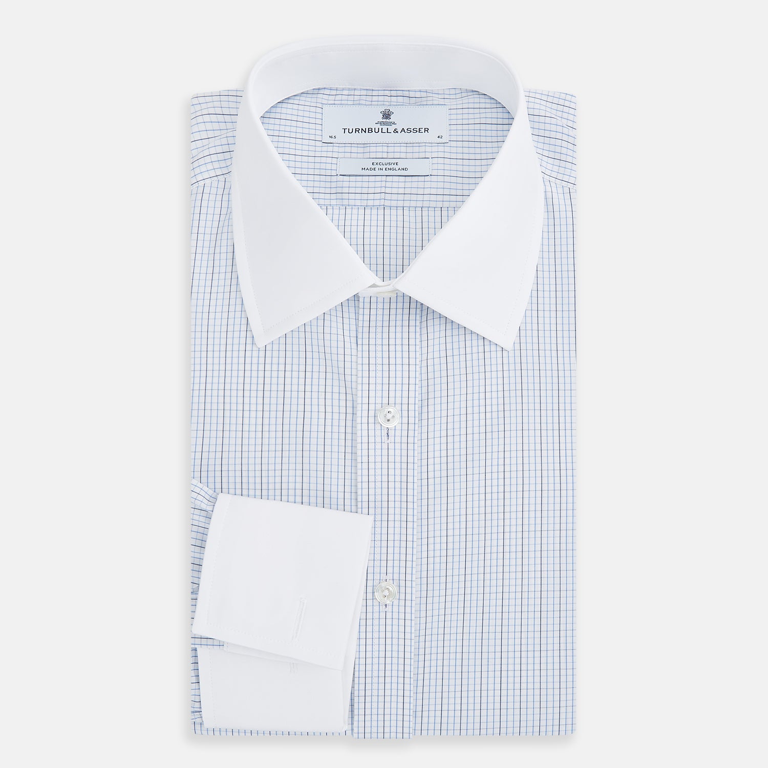 View 5 of product Pale Blue and Navy Grid Check Shirt with Contrast T&A Collar and Cuffs