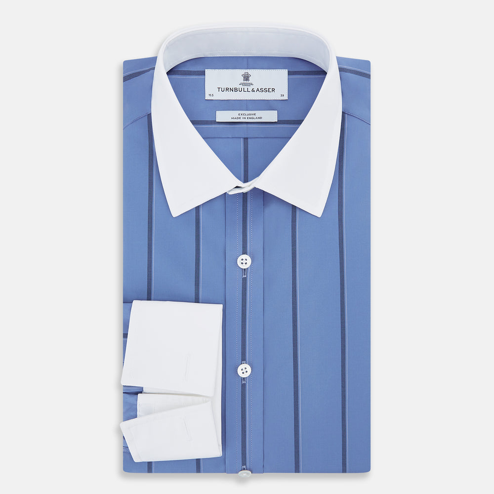 Turnbull & Asser Colony Blue Track Stripe Shirt With Contrast T&A Collar And Cuffs